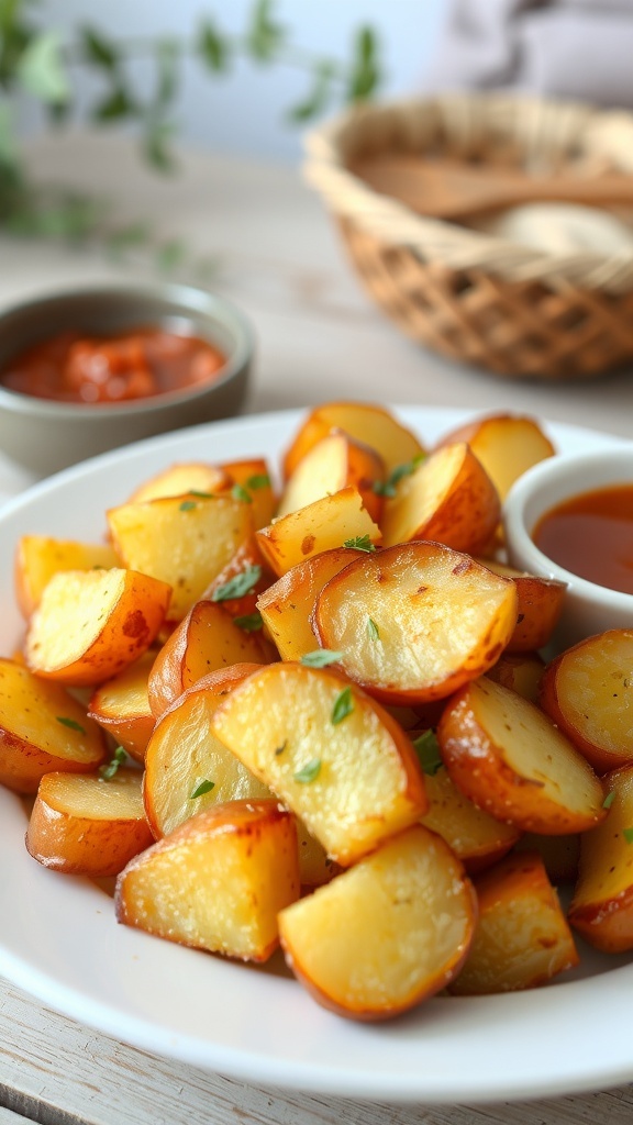 Crispy air-fried cut potatoes served on a plate, garnished with herbs.